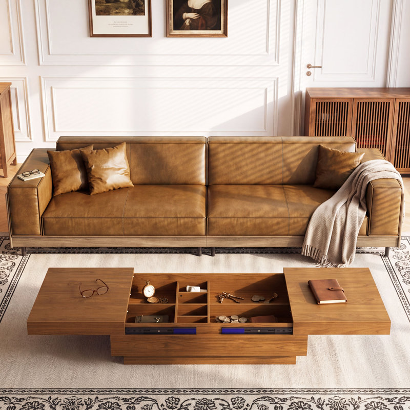 Ensemble de salon en cuir de style moderne du milieu du siècle, 2 pièces, couleur cognac et noyer, avec table basse coulissante réglable de 119 à 208 cm.
