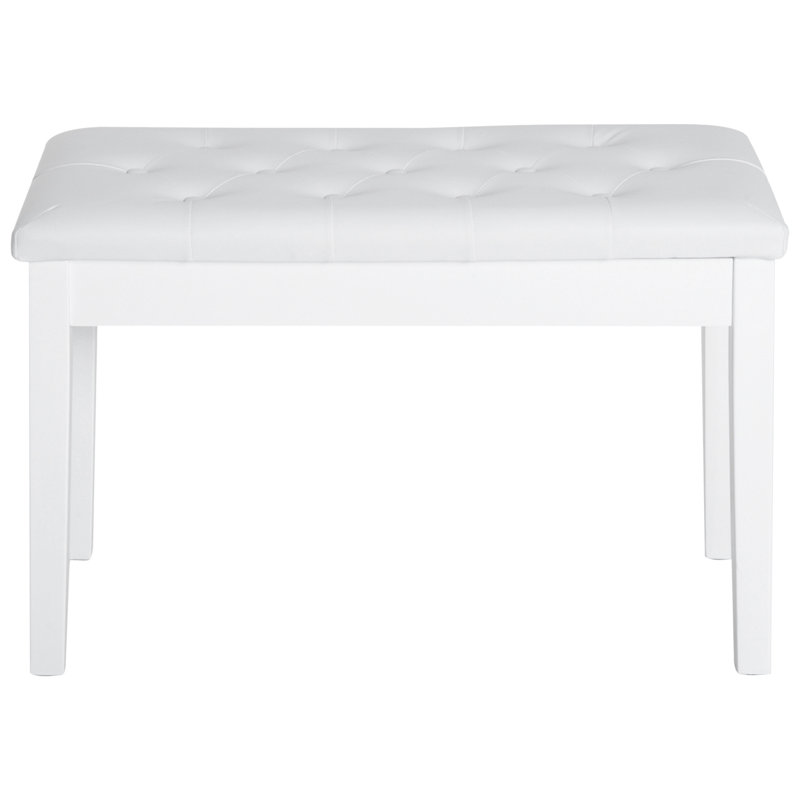 Banc de piano en blanc, rembourré de similicuir et cadre en bois pour duos