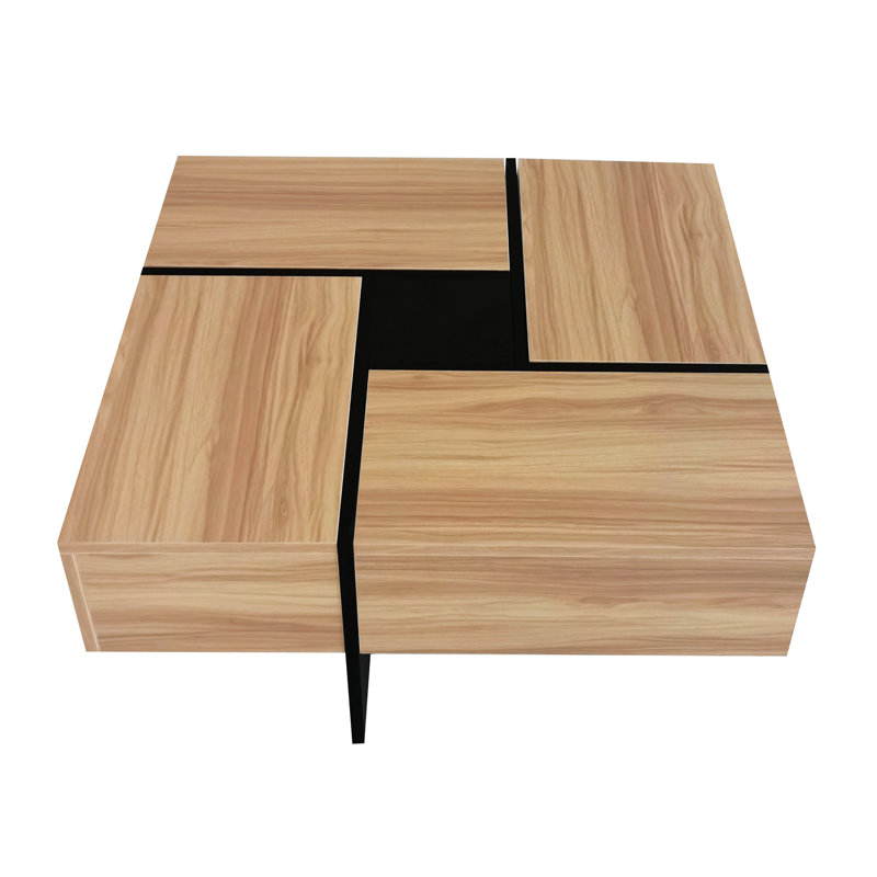 Table basse carrée avec 4 compartiments de rangement cachés et plateau coulissant - Centre de table ultrabrillant pour le salon