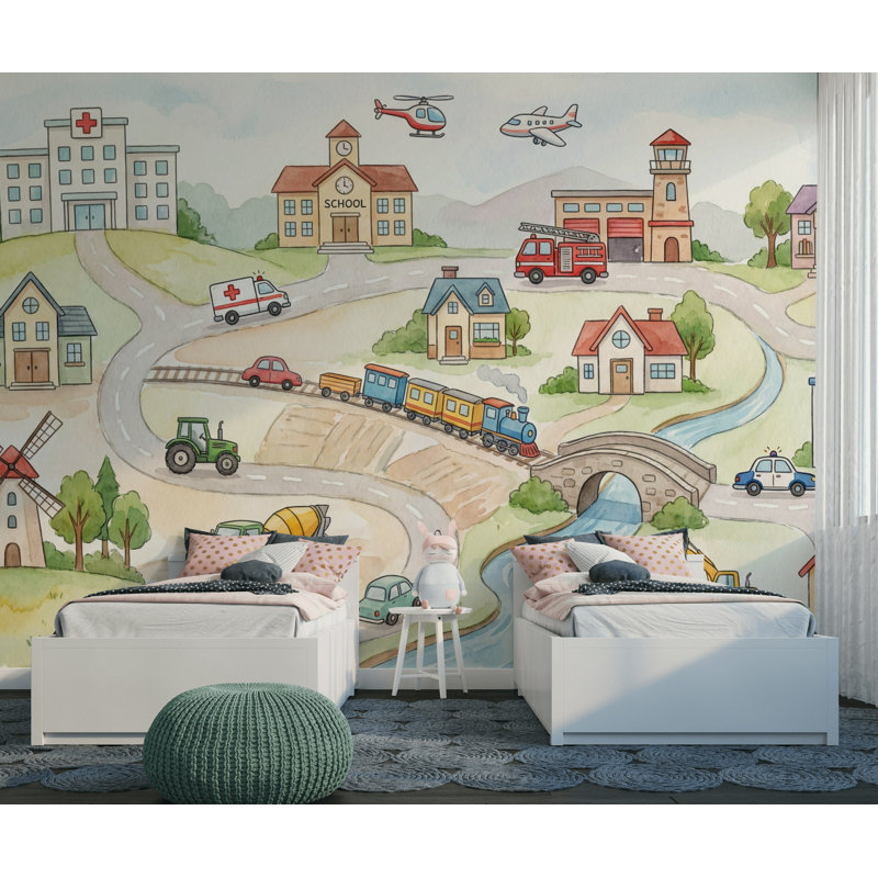 Papier peint Town Illustration, bâtiments, véhicules, L: 210 po x H: 120 po, Non-collé