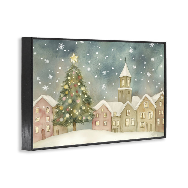 «Christmas Village Snowfall», estampe numérique, design par LSR Design Studio, H 12 po x l 18 po, Giclée encadrée noir minuit