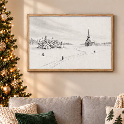 " Winter Church And Pine Trees In Pencil Sketch Christmas " Painting