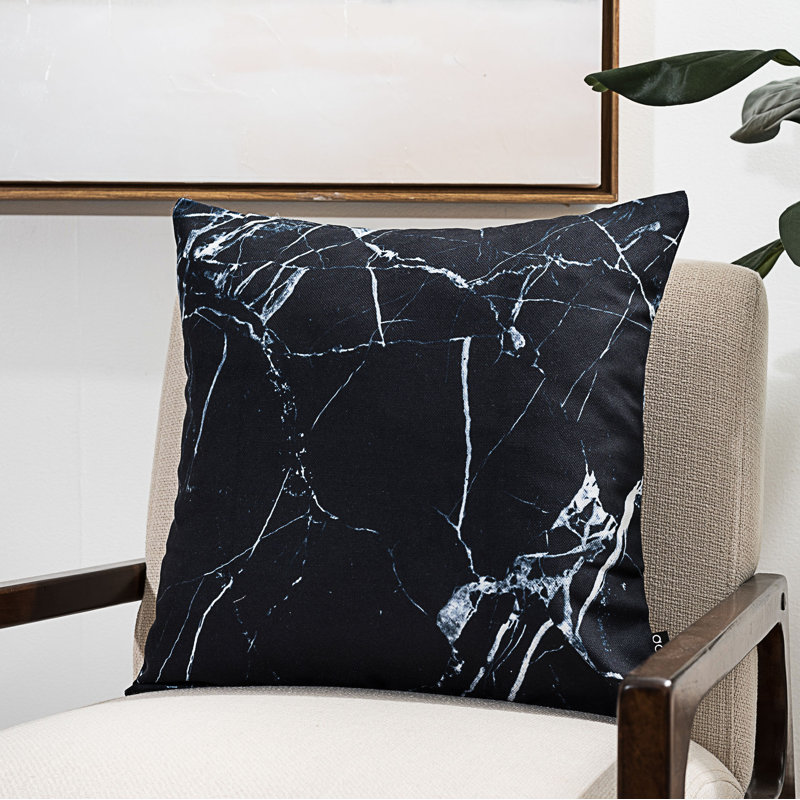 Black Marble Print Square Polyester Floor Pillow 16" x 16"