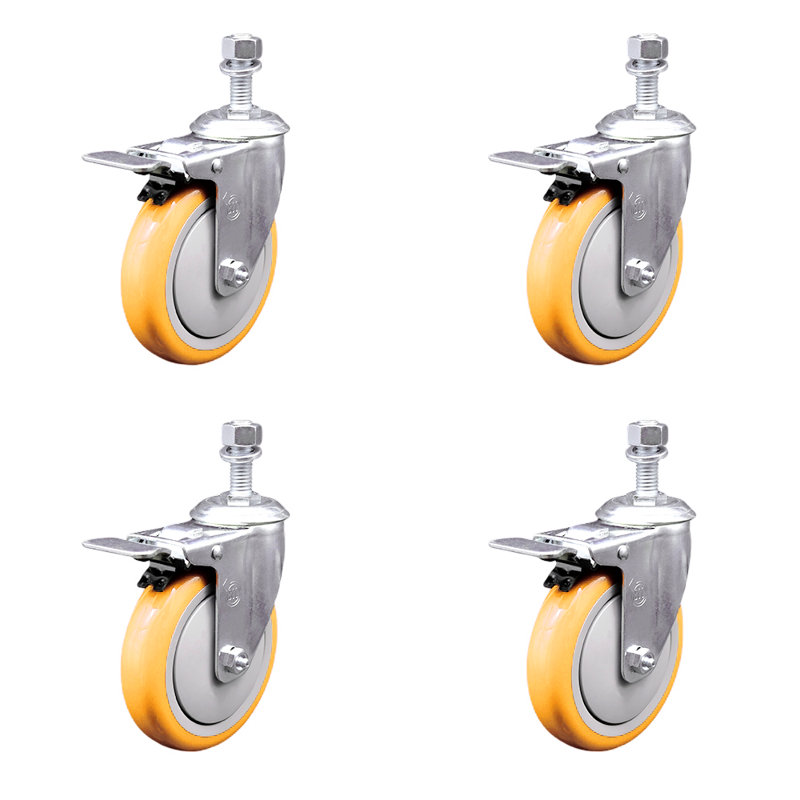 Ensemble de roulettes à tige pivotante en polyuréthane jaune 5 pouces 5 pouces