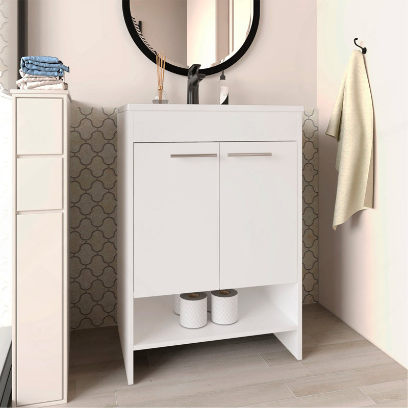 Meuble-lavabo avec quatre tiroirs et deux tablettes ouvertes, blanc
