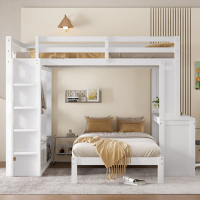  Grand lit superposé simple en bois massif avec lit inférieur démontable, bureau, tablettes et garde-robe, mezzanine convertible, blanc