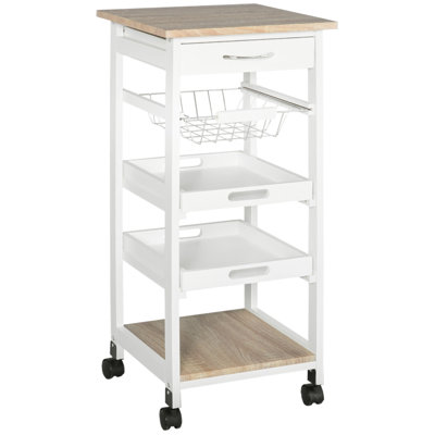Mobile Kitchen Cart, Rolling Kitchen Island With Storage, Solid Wood Frame Utility Cart With Wire Fruit Baskets, Trays And Drawer