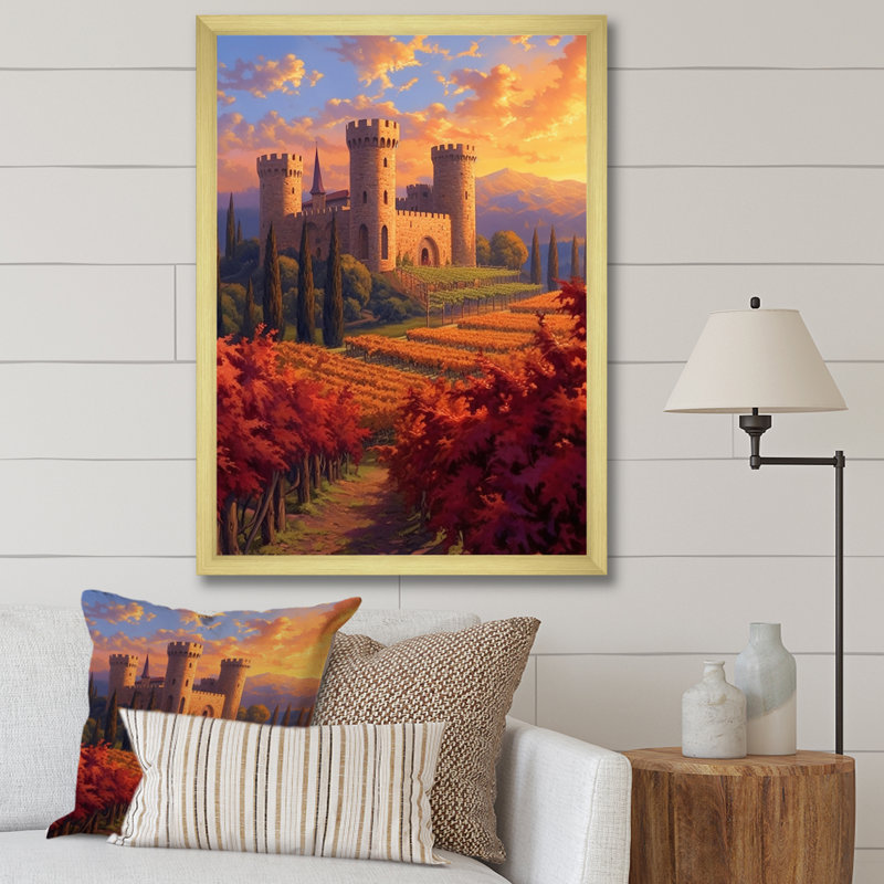 «Beautiful Sunset Old Castle Italian Vineyard I», reproduction sur toile, H 40 po x l 30 po x P 1,5 po, Encadrement doré