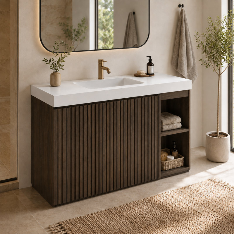 Meuble-lavabo autoportant cannelé en chêne fumé 48 po avec rangement, tablettes réglables et design moderne 48 po