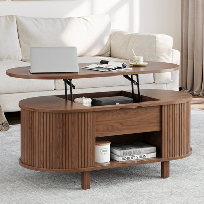 43.3'' W Oval Lift Top Coffee Table With Hidden Storage, Fluted Wood Centre Table With Storage Compartment And Open Shelf