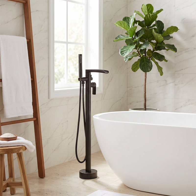 Robinet de baignoire autoportant à poignée simple en laiton massif avec bec cascade et douche à main, Bronze frotté à l'huile