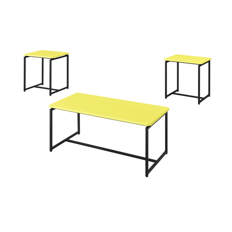 Table basse jaune en fibre de carbone, 2 tables d'appoint, bords biseautés et plateaux de densité moyenne