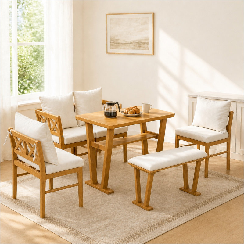 Ensemble de salle à manger de coin en bois massif blanc classique 6 pièces avec banc, table et chaises