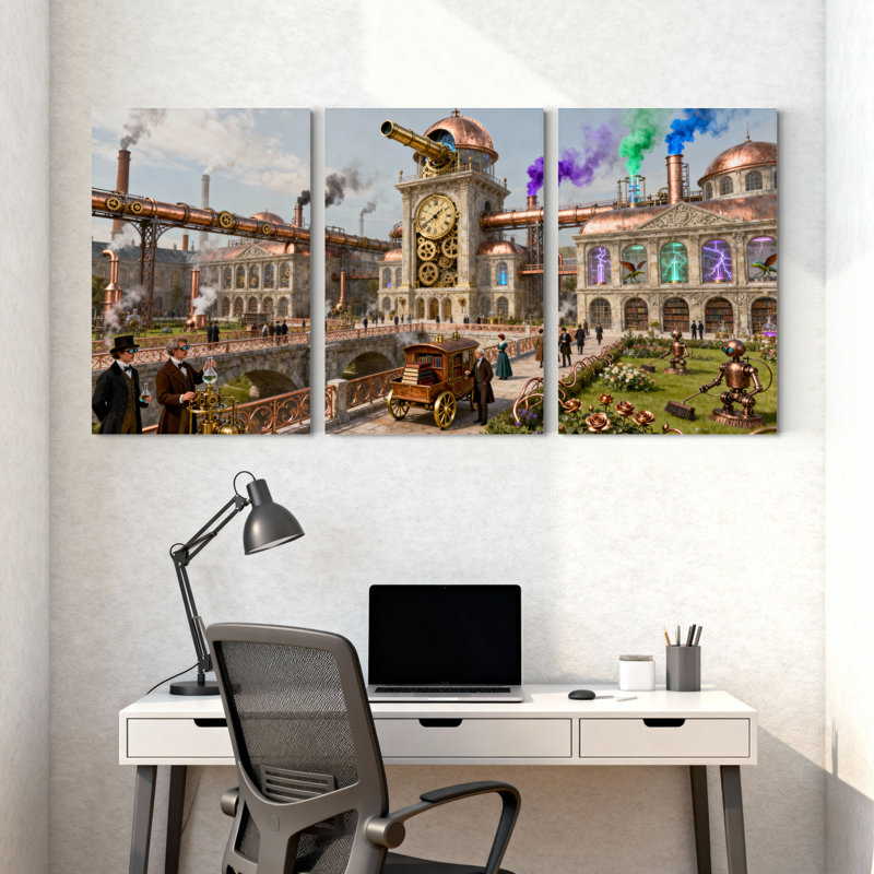 Fantaisie et science-fiction, paysage urbain Steampunk avec tour de l'horloge et engrenages, ensemble de 3 impressions sur toile