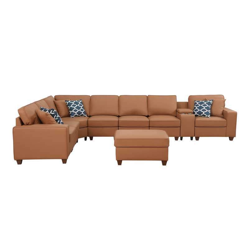 Canapé modulaire en cuir artificiel avec repose-pieds et console, Similicuir brun