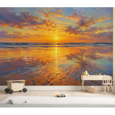 Papier peint adhésif peler et coller abstrait paysage marin côtier reflet lever de soleil bleu doux ciel doré auto-adhésif amovible papier contact mural pour salon chambre à coucher H 69 po x l 96 po