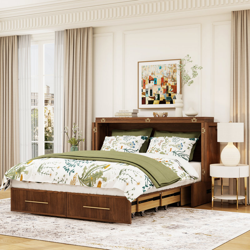 Modern Queen Murphy Bed with Storage Drawers & Charger, Solid Wood, Includes Mattress, Easy 60-Min Assembly