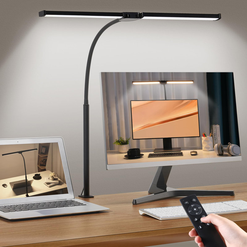 Black Adjustable Dual-Head LED Desk Lamp with Remote Control