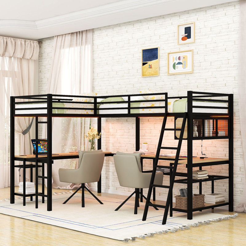 Loft Bed With LED Lights, Storage Shelves, Desks And Charging Stations