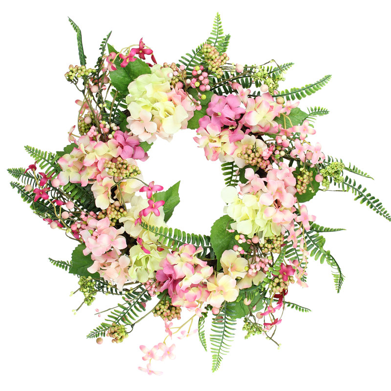 Hydrangea Berry and Fern Artificial Spring Floral Wreath Pink - 20-Inch