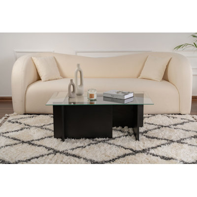 Modern Coffee Table with Tempered Glass Top, Travertine Color, 105 x 40 x 65 cm, 100% Melamine Coated Particle Board Frame, Marble Design, For Living Room & Contemporary Spaces