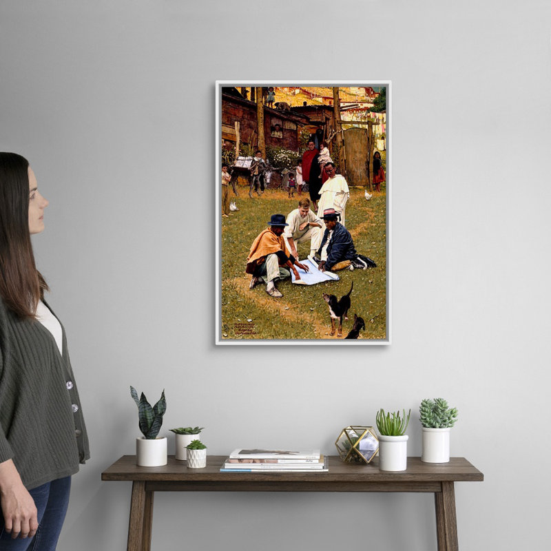 Norman Rockwell, "Peace Corps" à Bogota, Colombie, art mural sur toile, H 32 po x l 22 po x P 1,75 po, Cadre flottant blanc