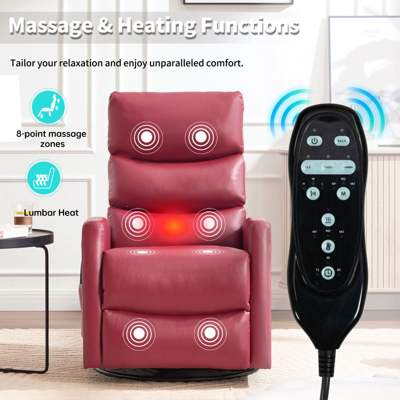 Heat Massage Manual Recliner Chair With Rocker And Swivel In Fabric For Living Room, Red Leather