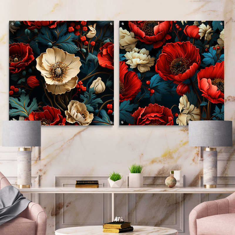Motif de fleurs de pavot bleues et rouges I - ensemble de 2 peintures murales en acrylique, H 16 po x l 33 po