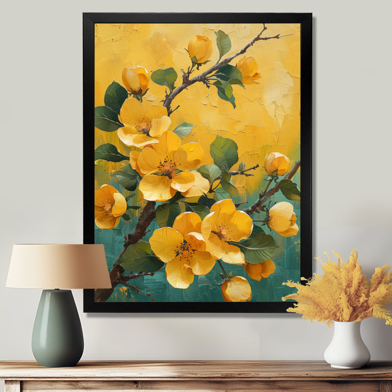 'Yellow Apple Blossom Blooming Garden - Apple Blossom Wall Decor, 20" H x 12" W x 1" D, Black Single Picture Framed