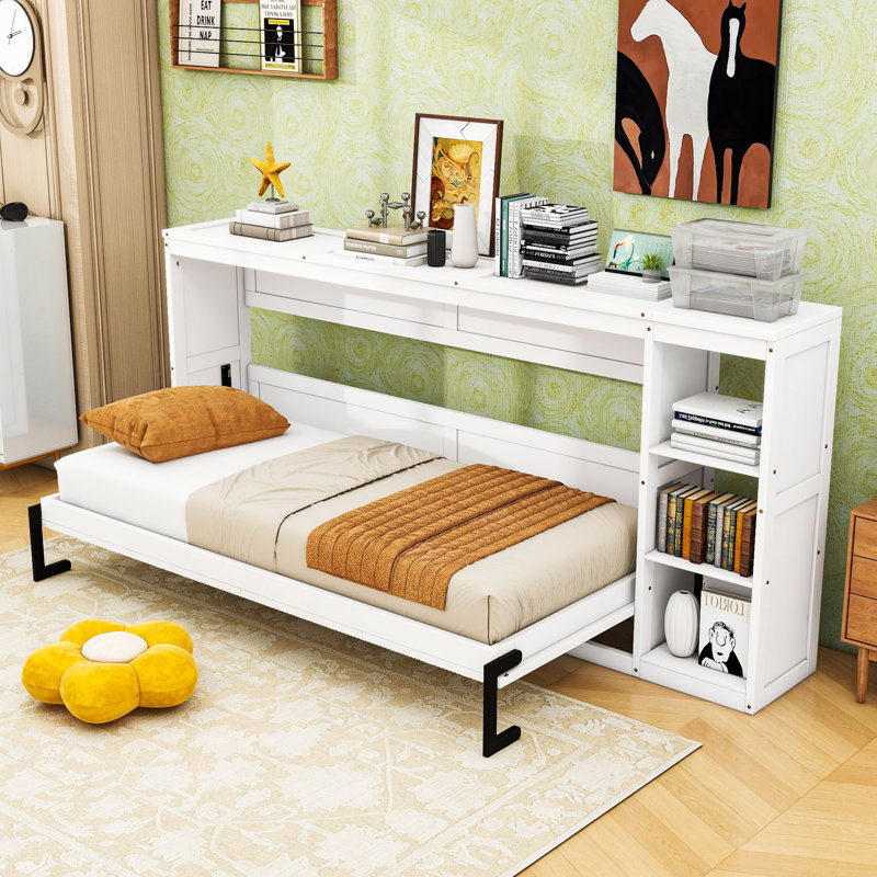 Lit escamotable en bois peu encombrant avec tablettes de rangement latérales, Simple, Blanc