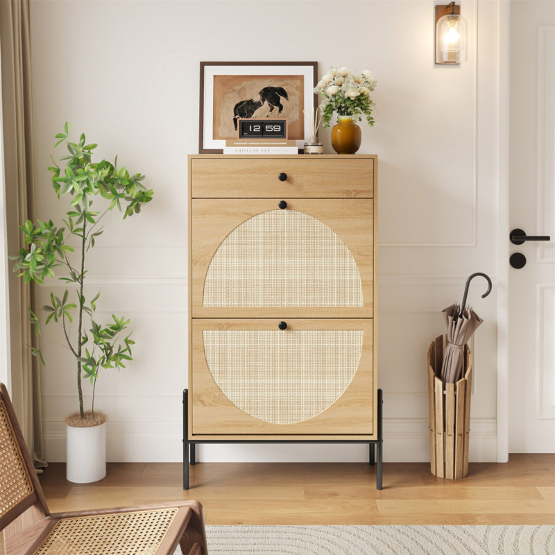 Armoire de rangement à chaussures 2 portes avec façades en rotin et tiroir / organisateur de hall d'entrée autoportant avec tablette réglable