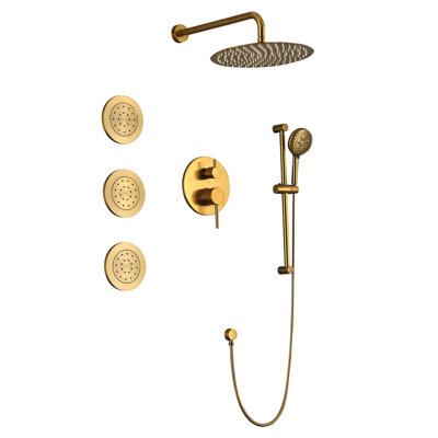 Douche de salle de bain en blanc: tête, douche à main, barre coulissante, jets de corps, bras, tuyau, garniture de valve, poignées à levier élégantes avec jets de corps - blanc, laiton