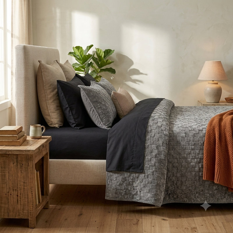 Couvre-lit en velours avec taies d'oreiller Zera MJ, Grand couvre-lit / couvre-lit + 2 taies d'oreiller, Gris
