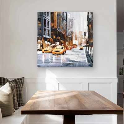 Big City Street with Yellow Taxi - Brown Bedroom Metal Print