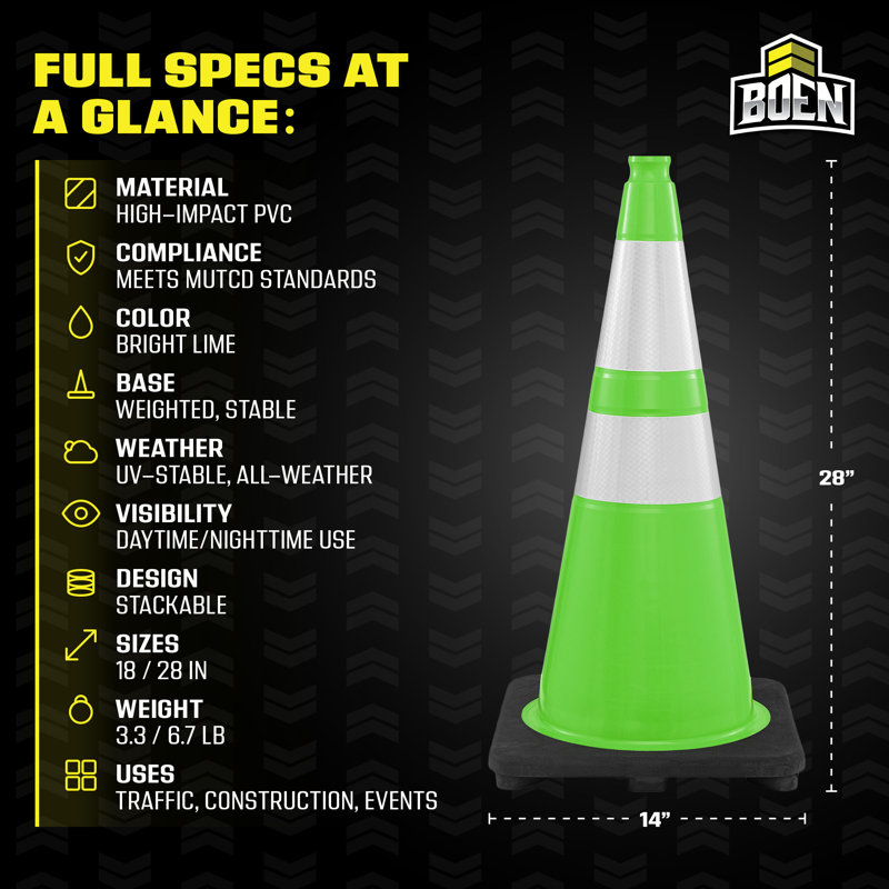 Cônes de signalisation Boen vert lime de 71 cm (28 po), paquet de 3, avec 2 colliers réfléchissants et une base de 3,2 kg (7 lb) pour travaux routiers, stationnement et signalisation.