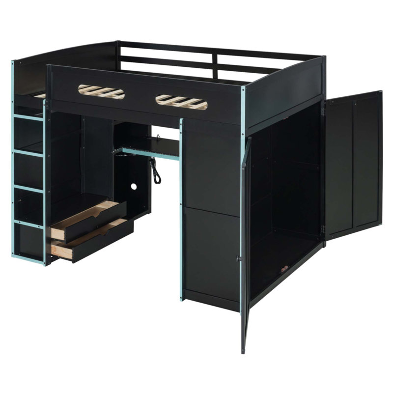 Lit mezzanine double en bois avec bureau, Bleu