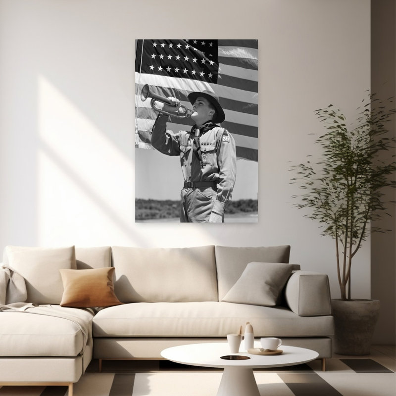 «Boy Scout 1940» jouant du clairon devant un drapeau américain de 48 étoiles, rétro, portrait abstrait, art mural urbain