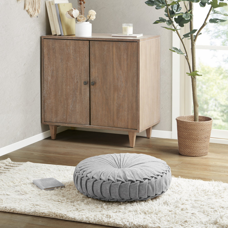 Gray Poly Chenille Round Floor Pillow with Tufted Button
