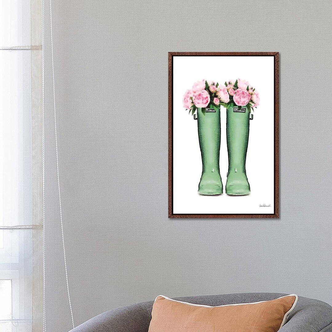 Leinwandbild Hunter Boots in Green & Pink Peonies von Amanda Greenwood