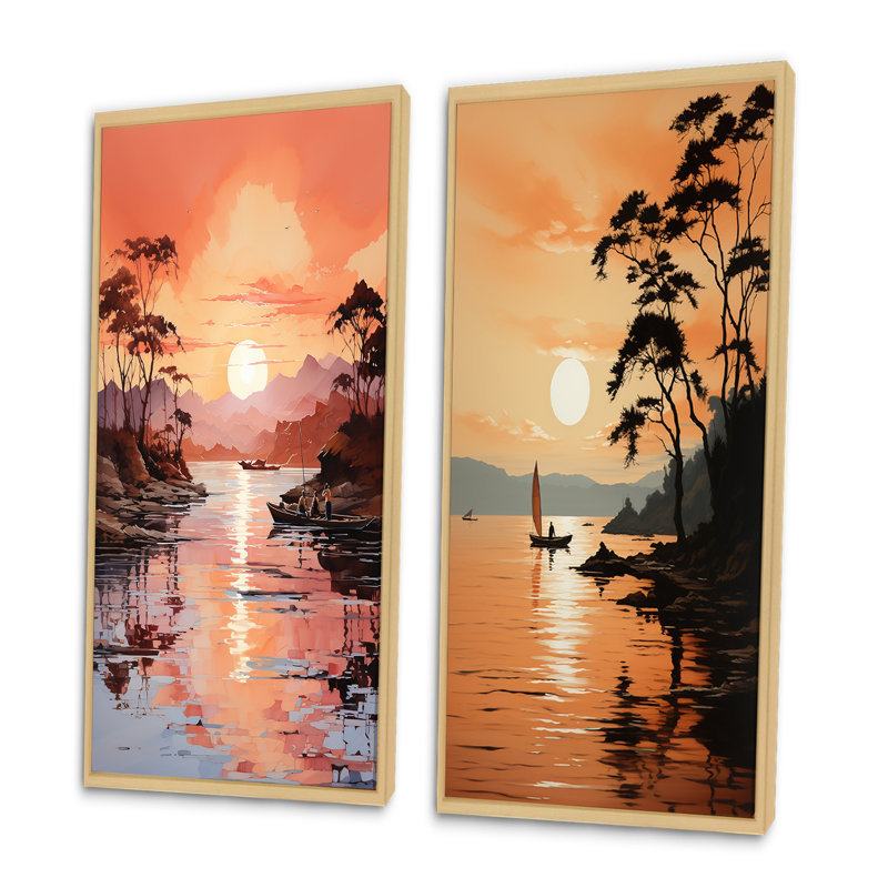 «Golden Sunrise Silhouetted I», 2 pièces, H 24 po x l 20 po, Encadrement brun