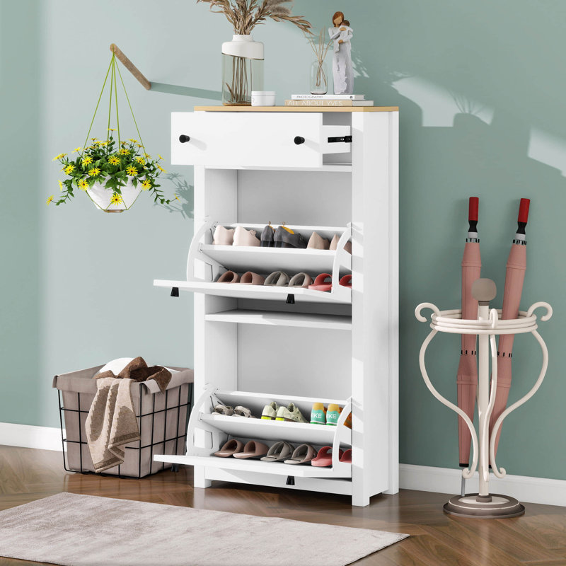 Free Standing Shoe Rack With 2 Flip Drawers And Adjustable Panel, Wood Grain Pattern Top Cabinet, Functional Entryway Organizer