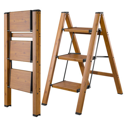3-Step Folding Step Stool with Anti-Slip Wide Pedals,Lightweight Step Ladder for Kitchen and Home,Wood Grain