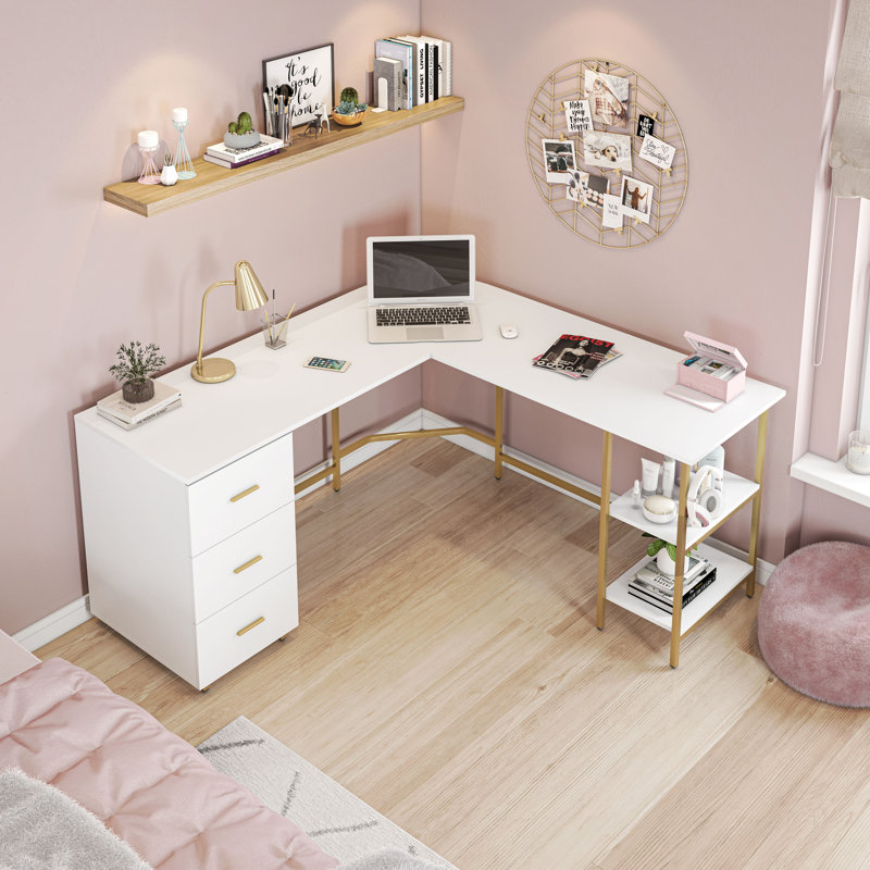Bureau à deux tons avec rangement en L Techni Mobile, Blanc / or