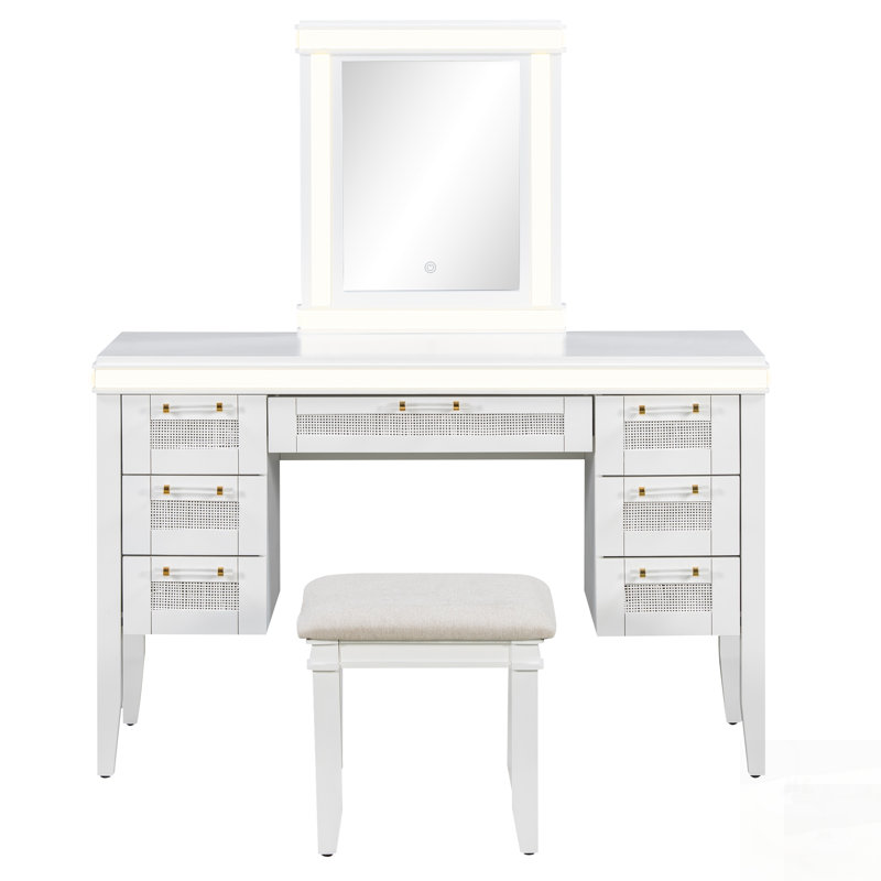 Elegant Vanity Desk With Mirror, Lights, And 7 Drawers, Cushioned Stool, Light Beige