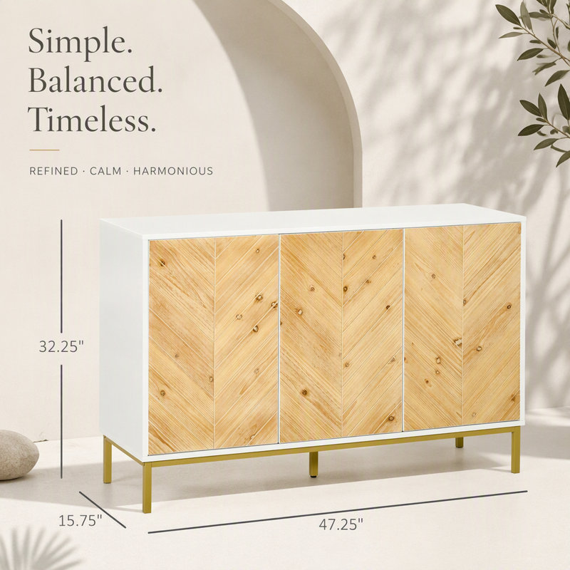 Buffet à 3 portes avec motif à chevrons, tablette réglable et pieds en métal pour les cuisines et les salons modernes