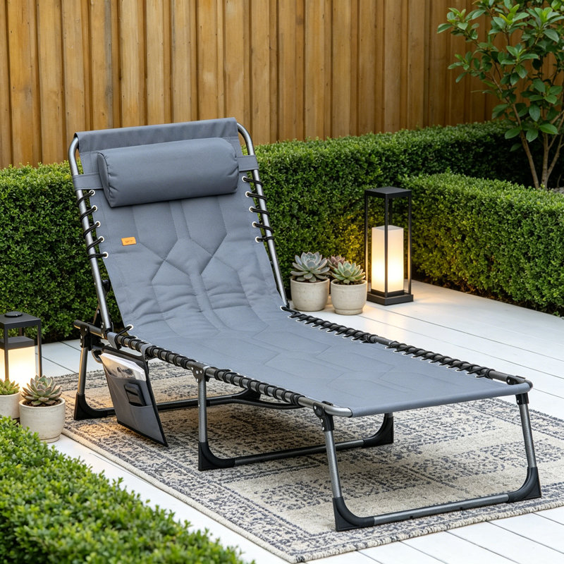 Outsunny Padded Folding Chaise Lounge Chair, Outdoor 6-Level Reclining Camping Tanning Chair With Headrest For Beach, Yard, Patio, Pool, Gray