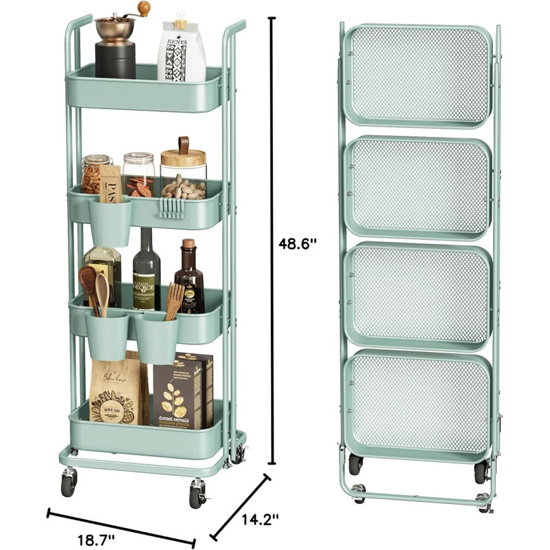 4 Tier Foldable Rolling Cart, Metal Utility Cart with Lockable Wheels, Folding Storage Trolley, Green