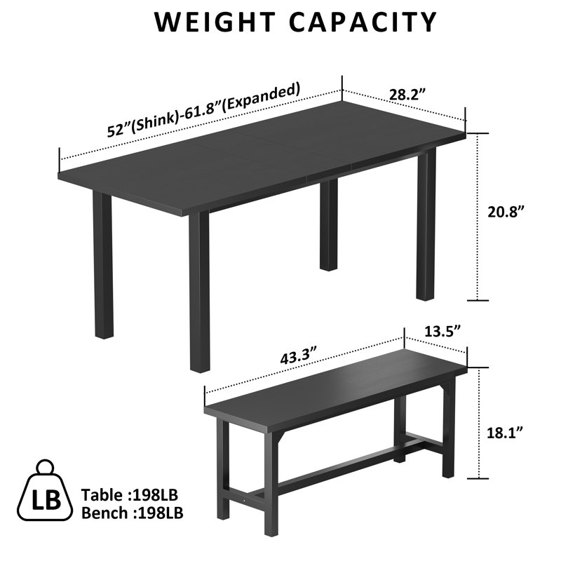 Areial 62" Extendable Rectangular Kitchen Table with 2 Benches., Black, Black