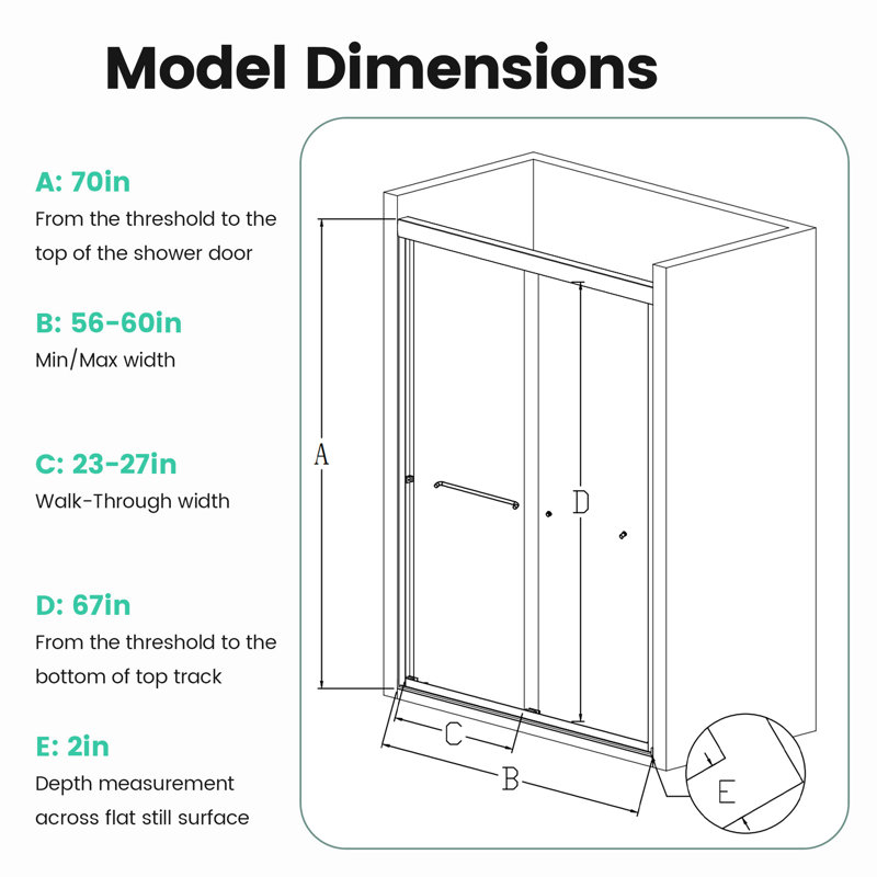 Semi- Bypass Shower Door, 6Mm Tempered Glass, , 56 - 60 In. Adjustable Width, Clean Bathroom Double 70" H, Smooth Finish