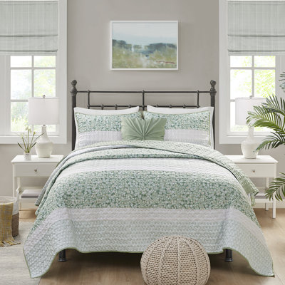 4 Piece Seersucker Quilt Full/Queen Size, Floral Botanical Print, Vermicelli Quilting, Bedding With Throw Pillow Full/Queen, Chic , Filling, Washable, Includes